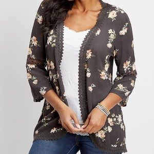 Floral Open Front Crochet Trim Kimono